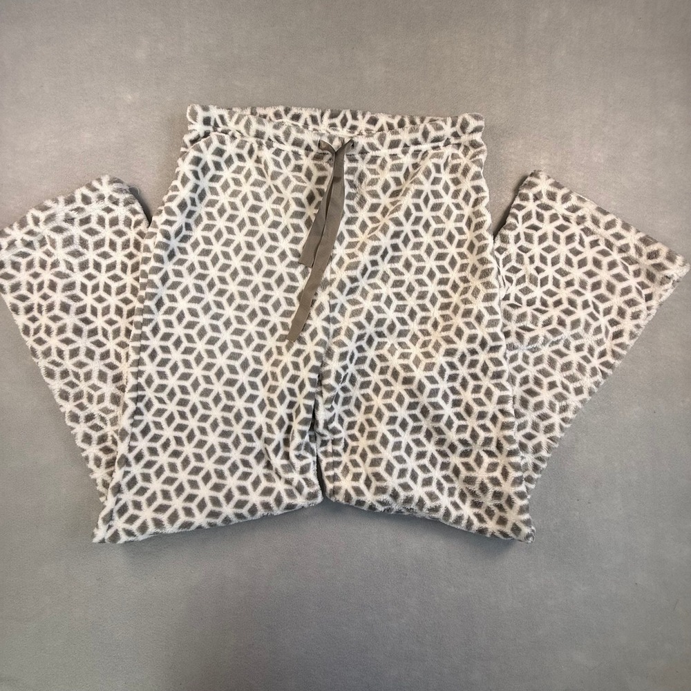 Mayfair Velvet Lounge Pants Women Medium Grey White Geometric Fleece Pajamas NEW